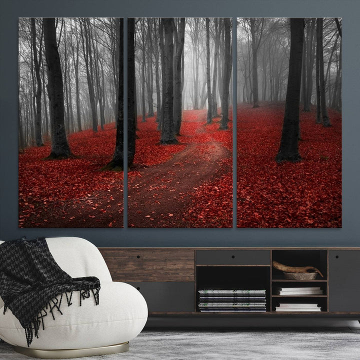 Wonderful Forest artwork: Triptych with red leaves, ideal for nature lovers.