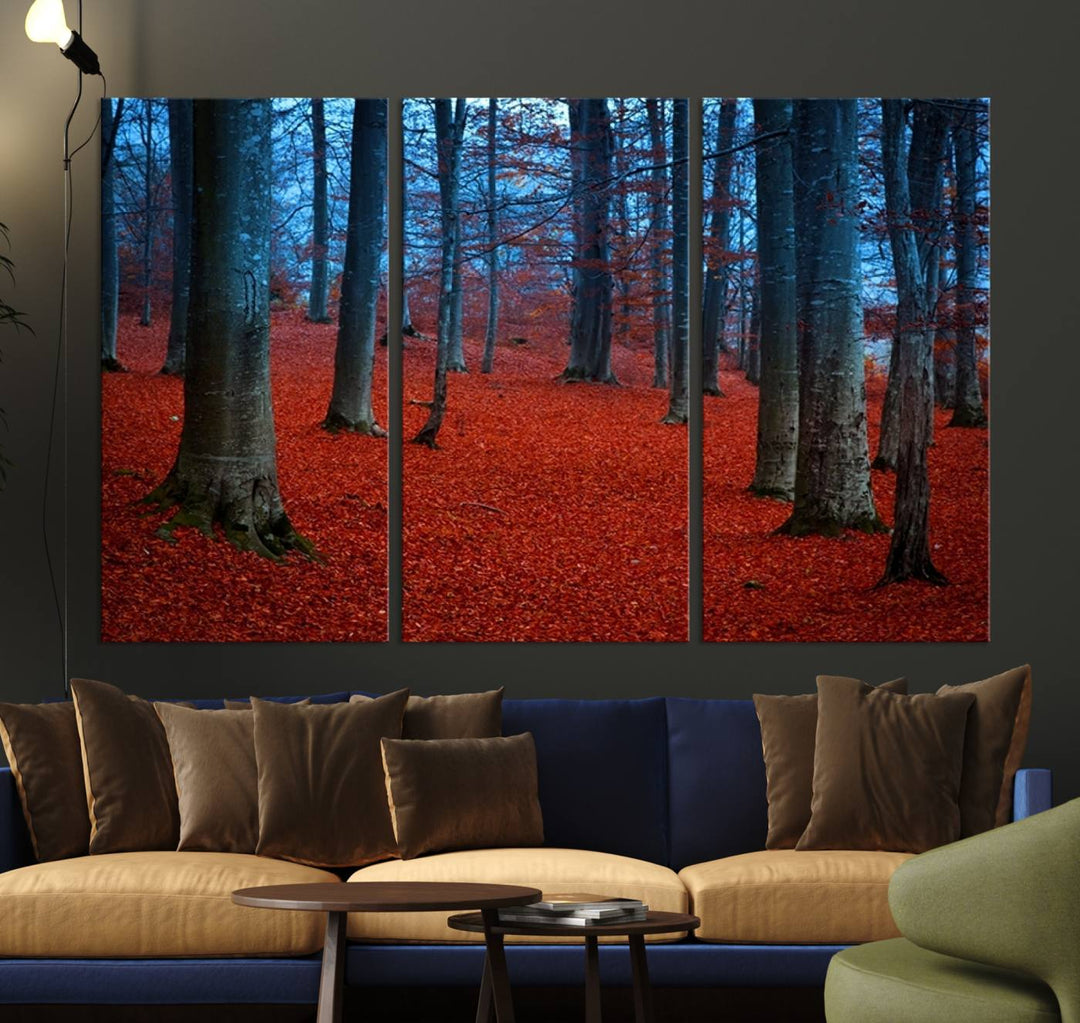 Impression sur toile de paysage d'art mural, feuilles rouges dans la forêt bleue