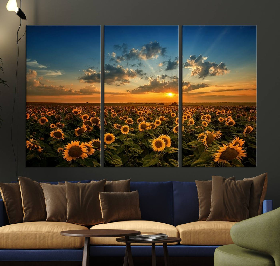 Toile d’art mural avec champ de tournesol et coucher de soleil