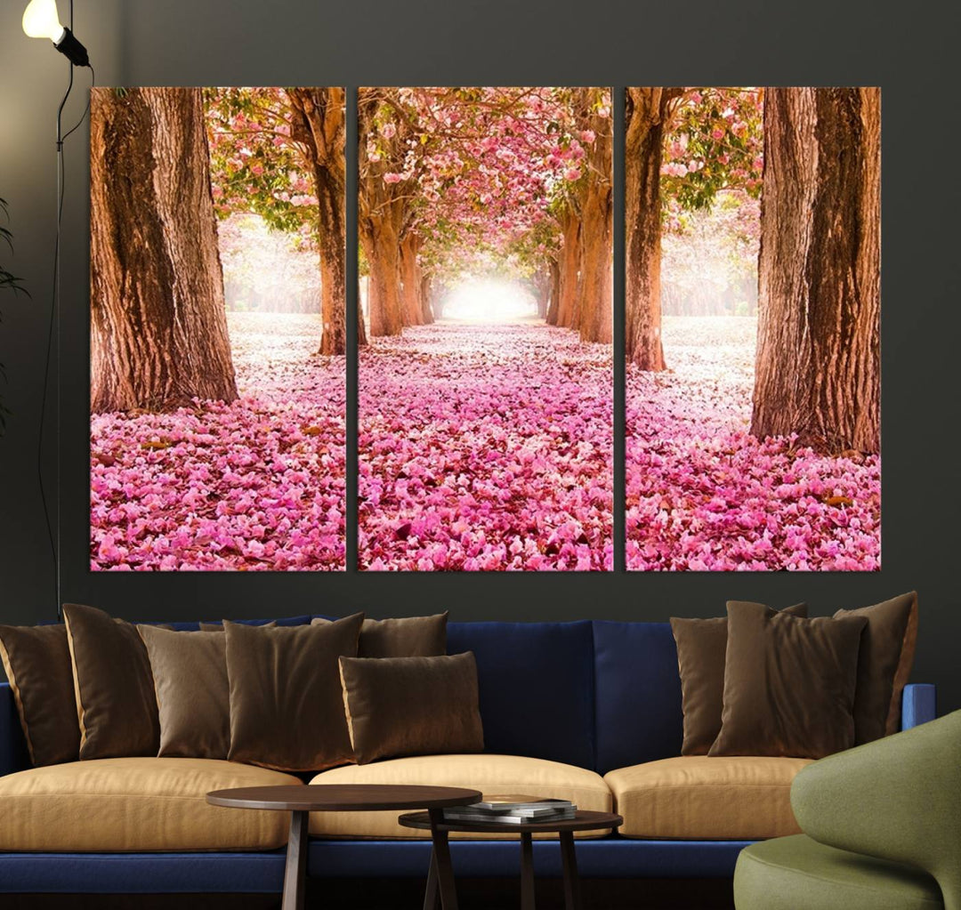 Blossom Cherry Canvas Print Walking on Pink Flowers Between Trees