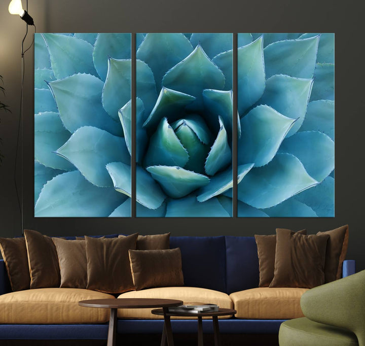 A stunning Large Agave Succulent Canvas Wall Art, a botanical close-up print perfect for modern living rooms, hangs prominently.