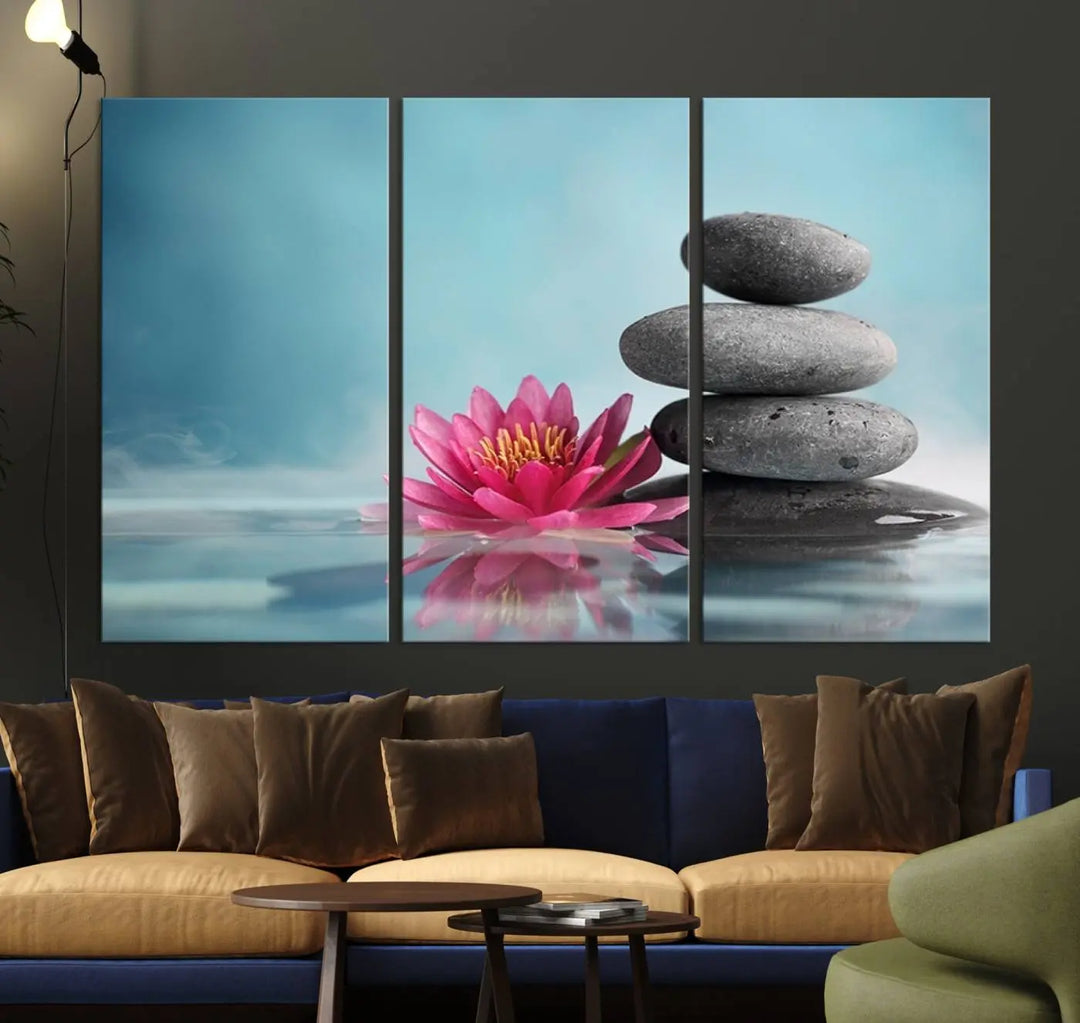 The Zen Serenity Triptych Canvas Art, featuring a lotus flower and balancing stones, perfectly captures tranquility with its serene water lily print.