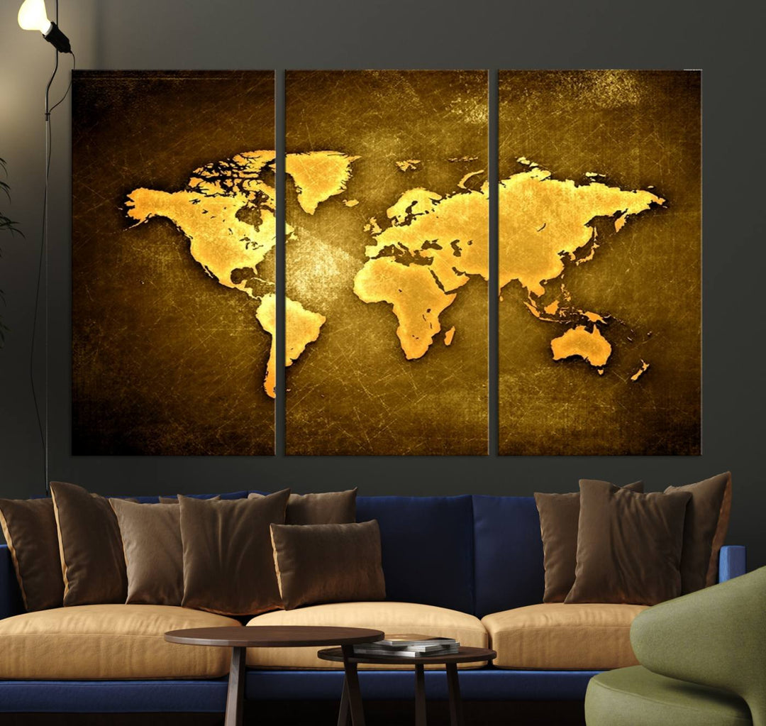 Yellow World Map on Metalic Yellow Background 