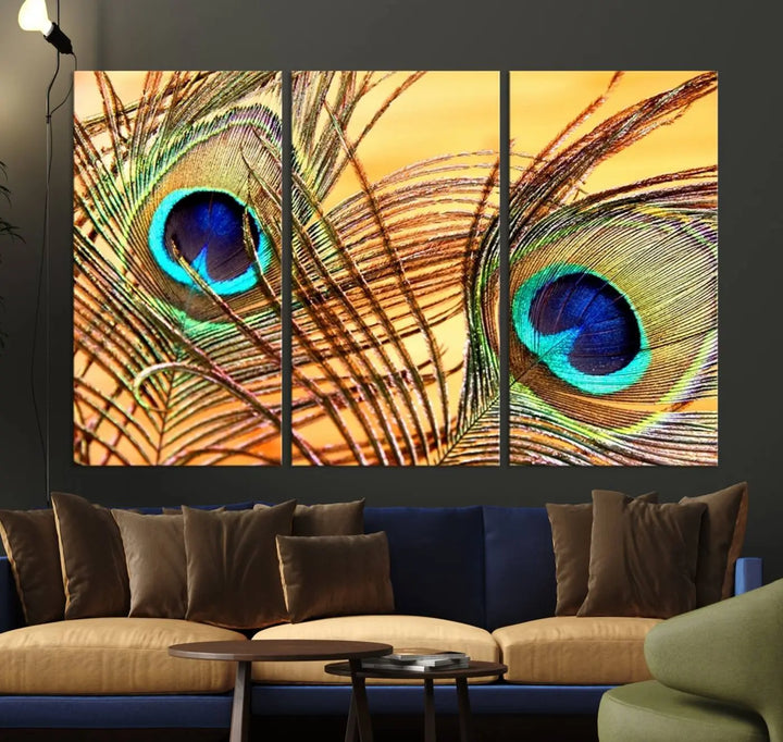 The Peacock Feather Wall Art Print, showcasing a vibrant green, blue, and orange feather design and ready to hang, adorns the space.