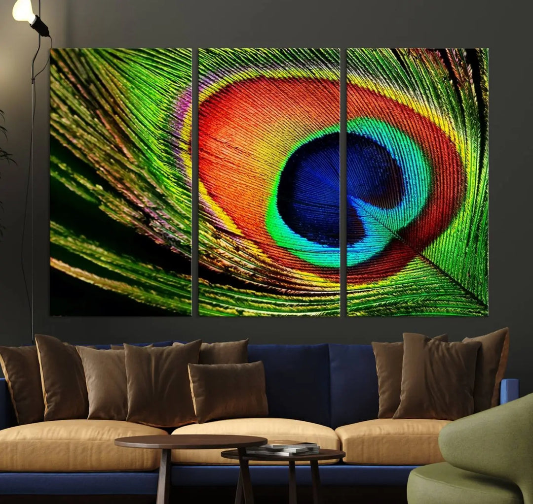 The living room features the "Colorful Peacock Feather Wall Art Print," showcasing a vibrant green, blue, and orange design elegantly displayed above a modern sofa.