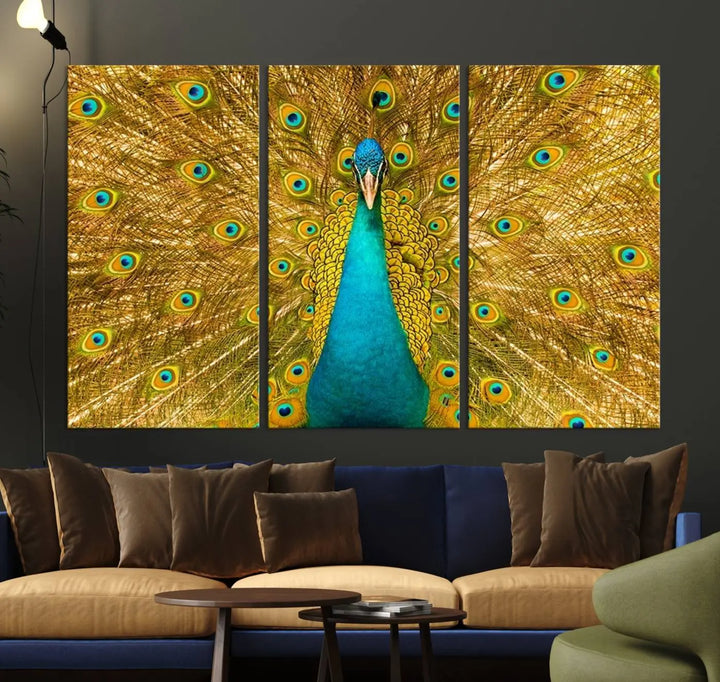 The Peacock Wall Art Canvas Print, featuring a vibrant triptych design of a peacock with intricate feather details and printed on museum-quality canvas with UV-protective coating, brings an artistic flair to the elegant space. Ready to hang, it enhances the modern living room with its striking presence.