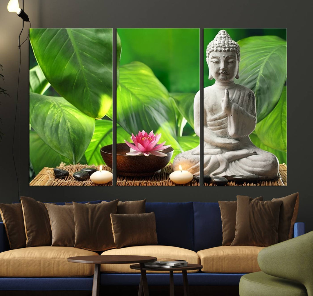 A tranquil room showcases a triptych of green leaves on museum-quality canvases, each piece readily available to hang.