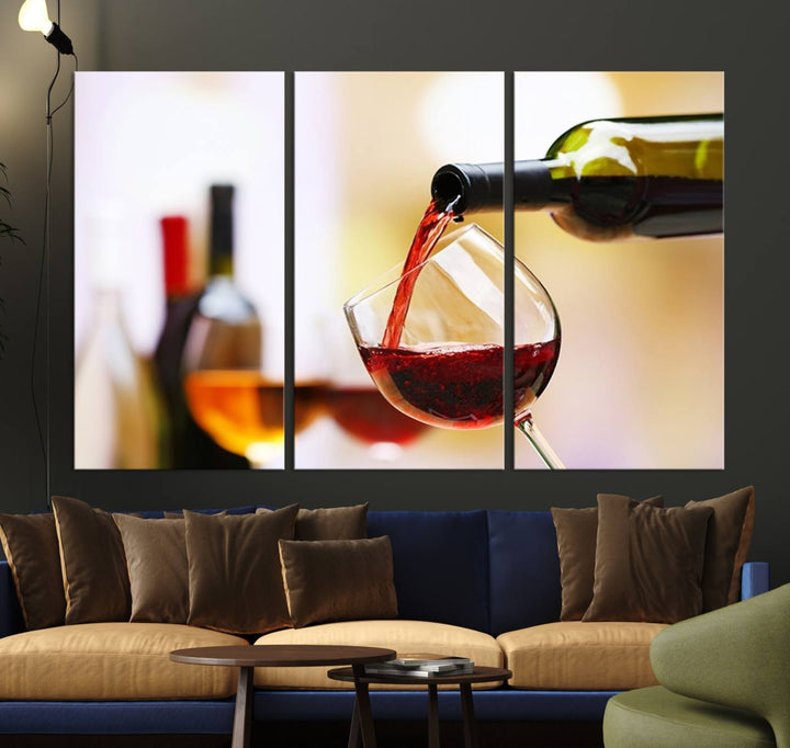 The Filling Red Wine into Glass Red Wine Canvas Print showcases a wine bottle pouring red wine into a glass. This scene, captured on museum-quality canvas, promises timeless elegance and comes with free shipping for effortless delivery to your doorstep.