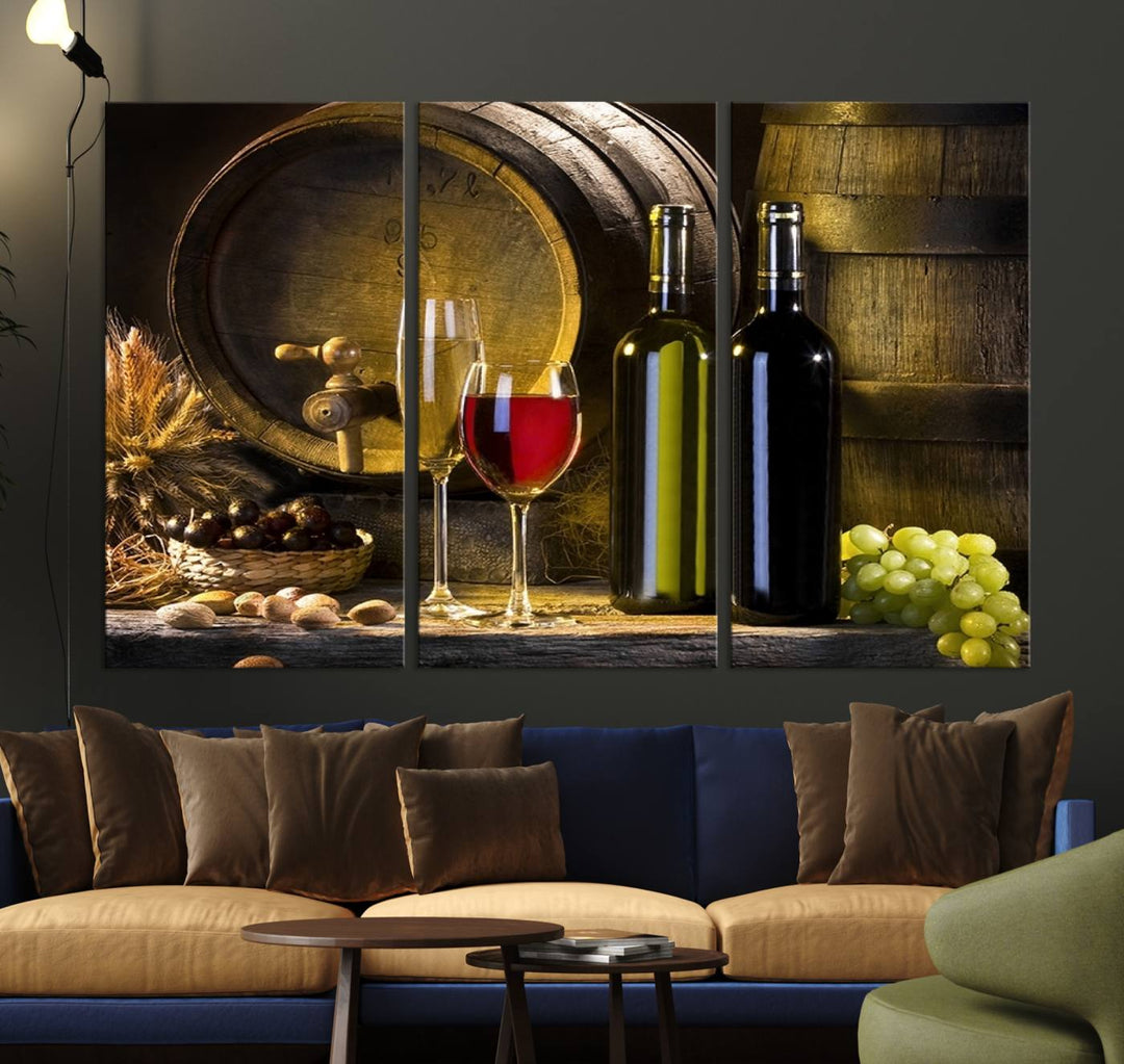 Explore the "Wall Art Red and White Wine with Bottles and Tun Canvas Print," a triptych on gallery-wrapped, museum-quality canvas. Featuring a wine barrel, bottles, and a glass of red wine, it includes a UV-protective coating for lasting vibrancy.