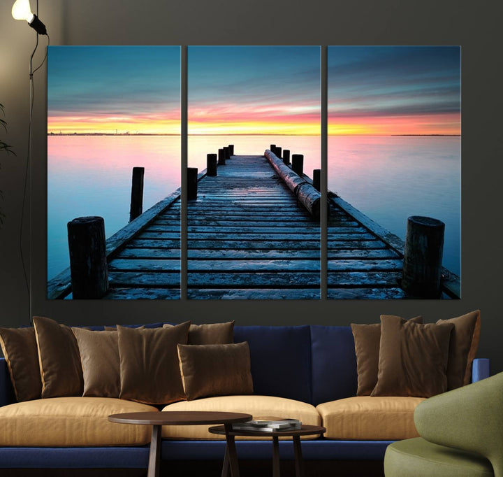 Wall Art Vintage Wooden Pier on Sea at Sunset Canvas Print