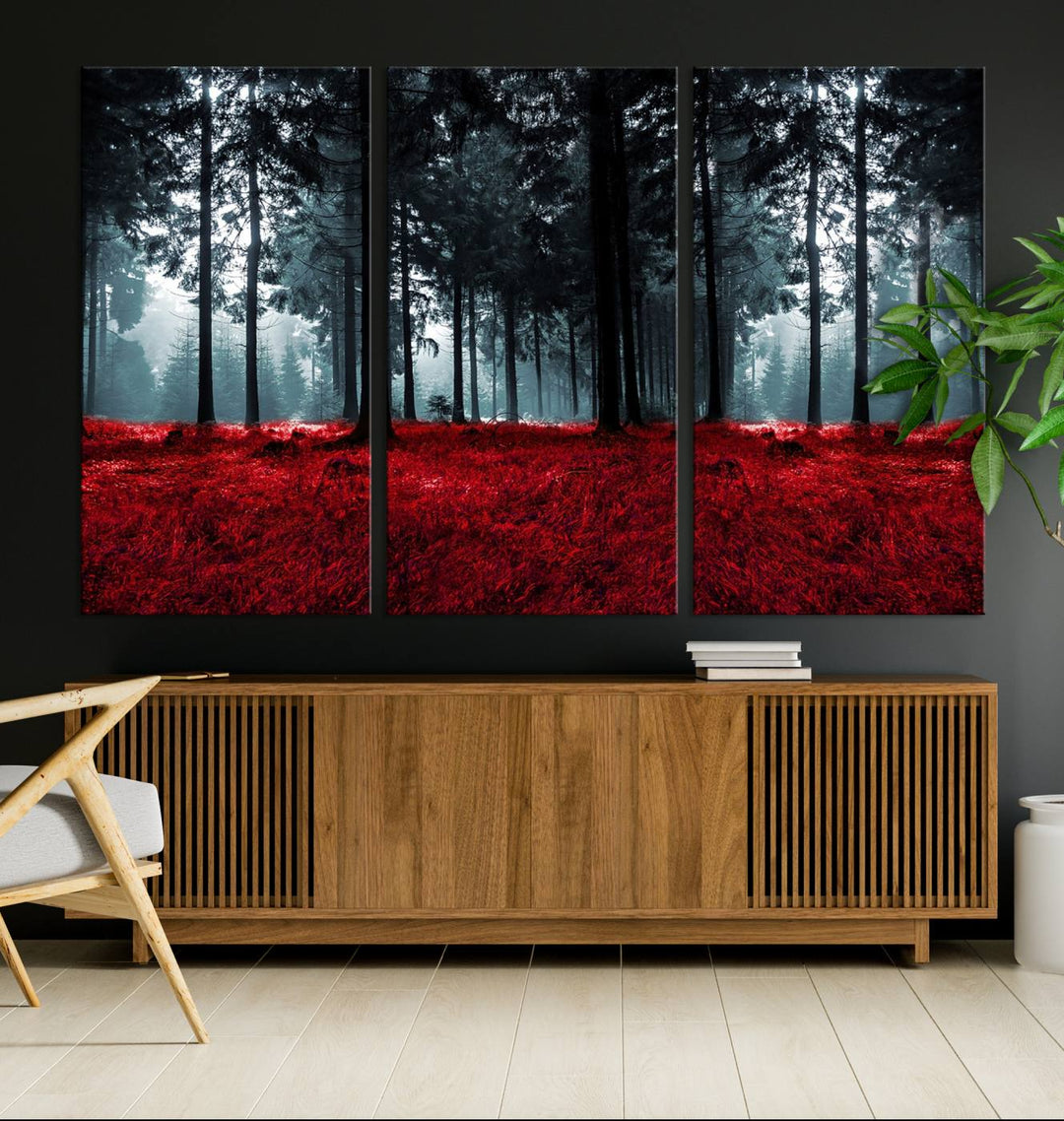 Bosque seductor con hojas rojas Impresión en lienzo Arte de pared grande Arte de lienzo de bosque Arte de paisaje de otoño Impresión de arte enmarcada