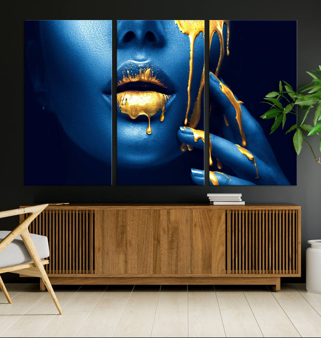 Neón Azul Oro Labios Sensual Fotografía Lienzo Pared Arte Impresión Moda Arte Belleza