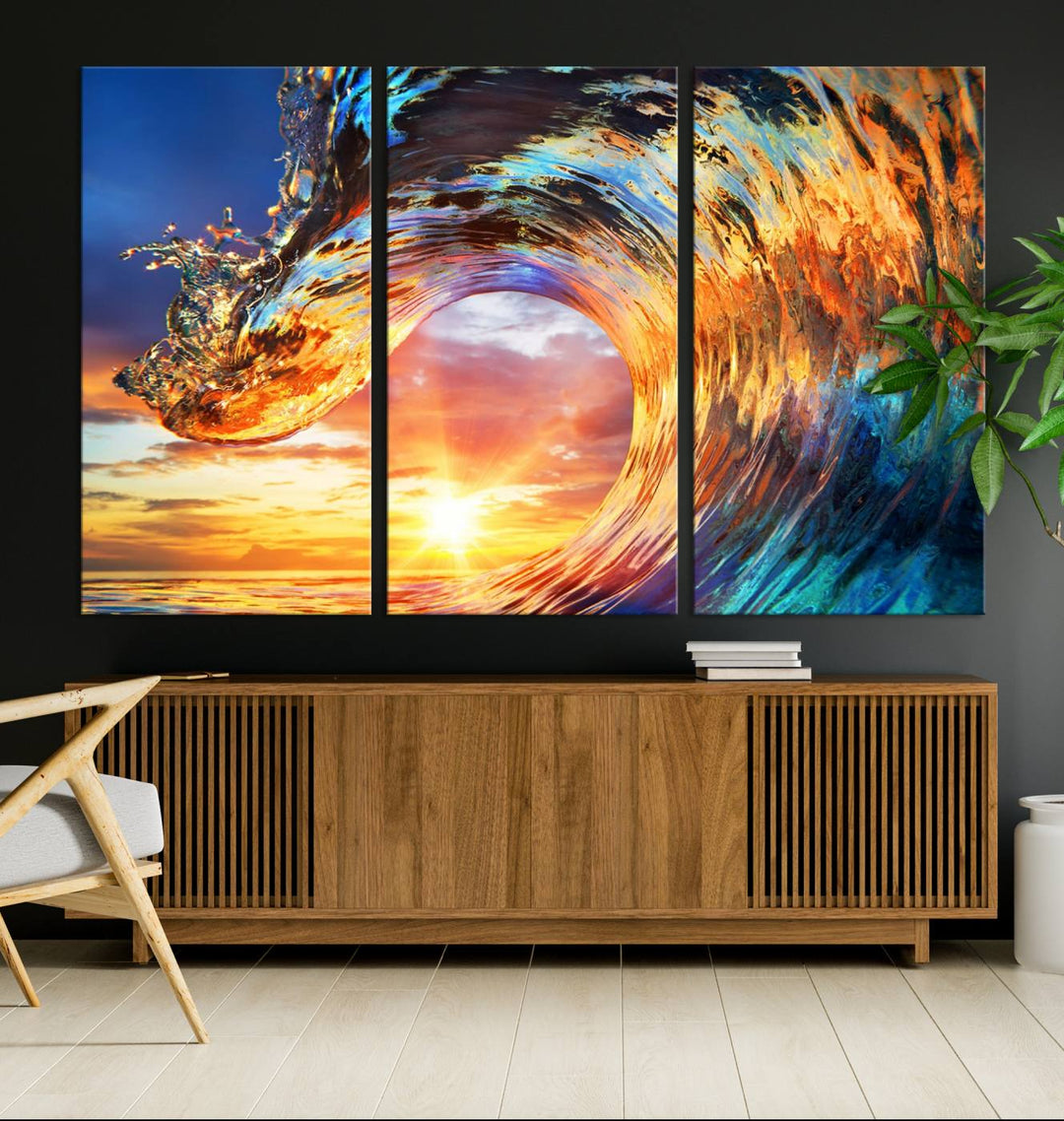 Wave Canvas Wall Art – Multi-Panel Sunset Ocean Scene – Bold and Vibrant Decor for Living Room or Office – Ready to Hang