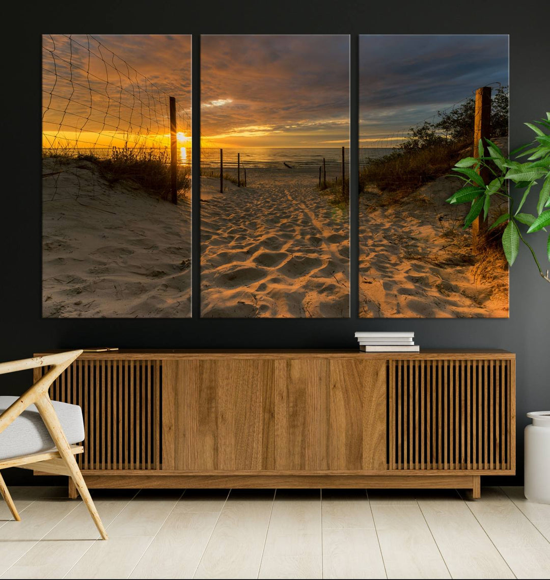 Fascinante lienzo de playa camino a la puesta de sol, arte de pared grande, playa, océano, puesta de sol, impresión en lienzo, playa tropical, puesta de sol, fotografía, lienzo para sala de estar, dormitorio, comedor, enmarcado listo para colgar