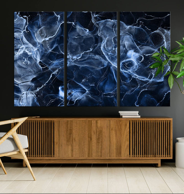 Arte de pared grande con efecto ahumado de mármol azul, lienzo abstracto moderno, impresión artística de pared