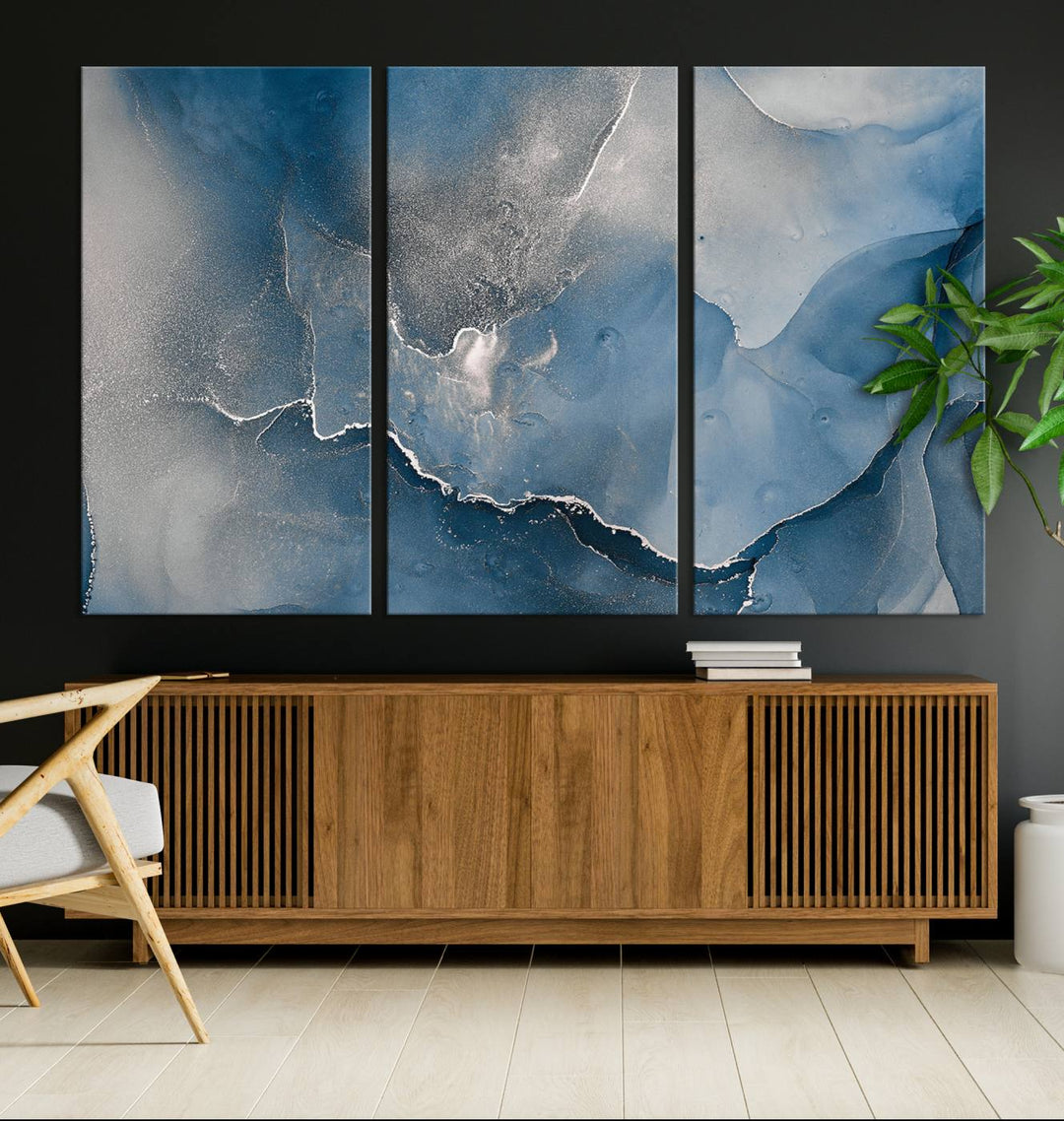 Blue Gray Marble Fluid Effect Wall Art Abstract Canvas Wall Art Print