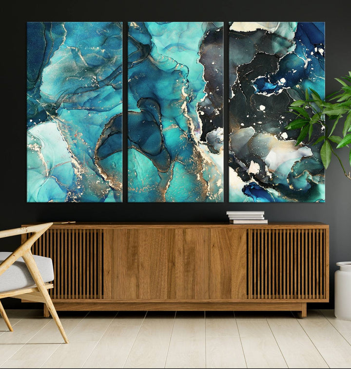 Stylish Teal Color Gold Abstract Canvas Wall Art Print