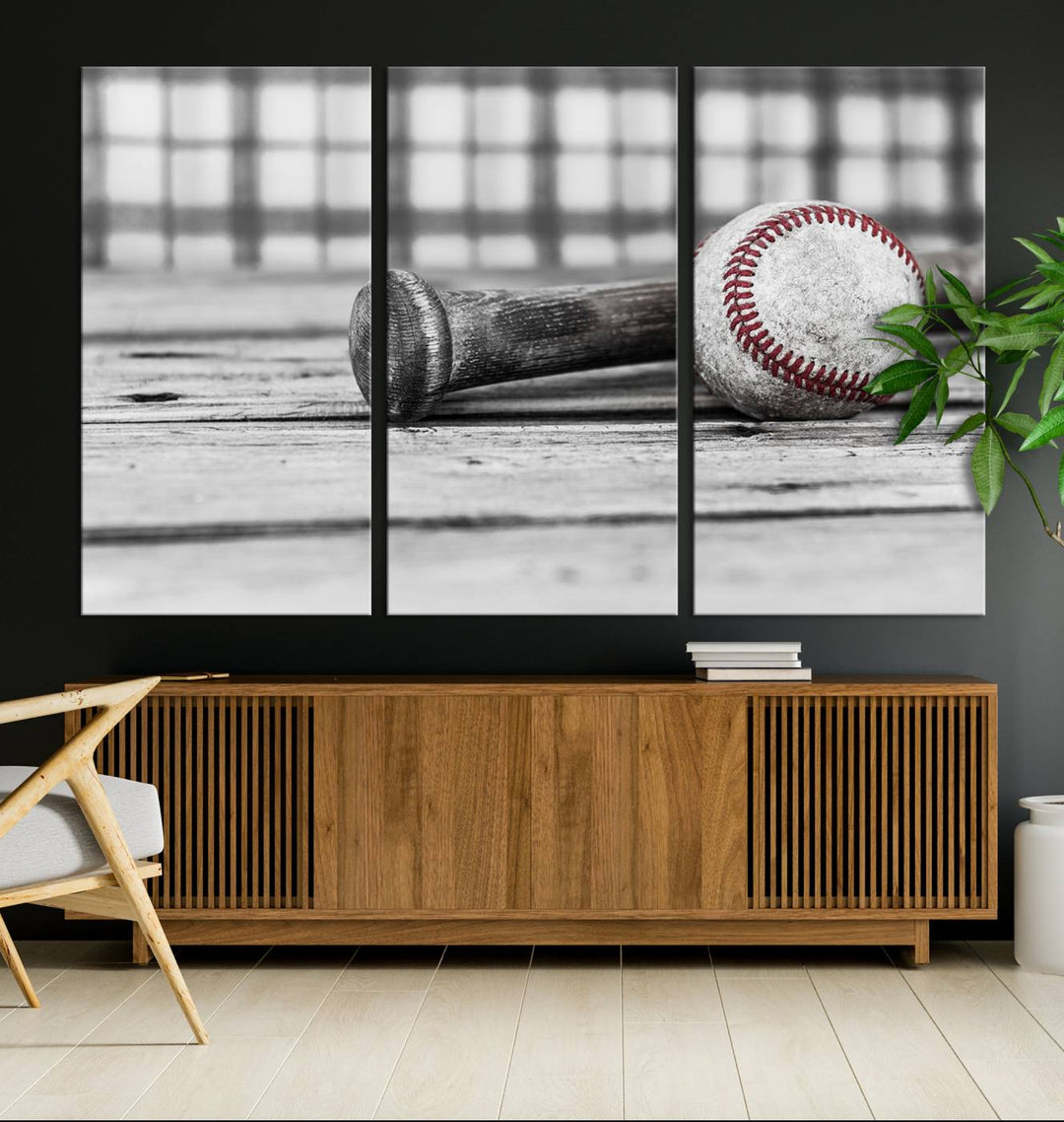 Lienzo de béisbol vintage para pared, impresión de béisbol, arte imprimible, arte retro, deportes, arte de pared, impresión en lienzo grande, varias piezas enmarcadas listas para colgar, juego de 3 paneles de lienzo, fotografía en blanco y negro