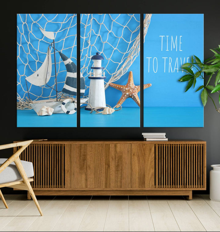 Sailing Boat Starfish and Lighthouse Wall Art Canvas Print