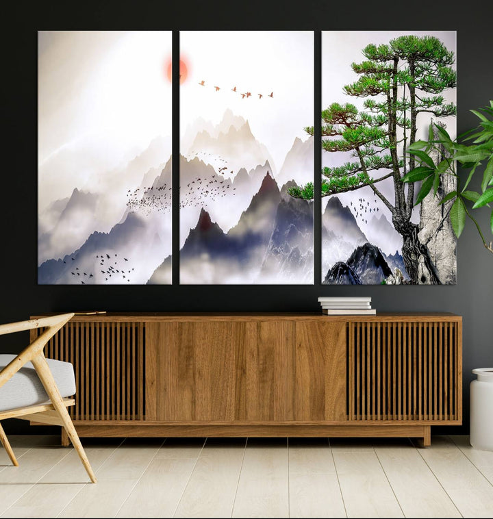 Japanese Tree Mountain Wall Art Canvas Print