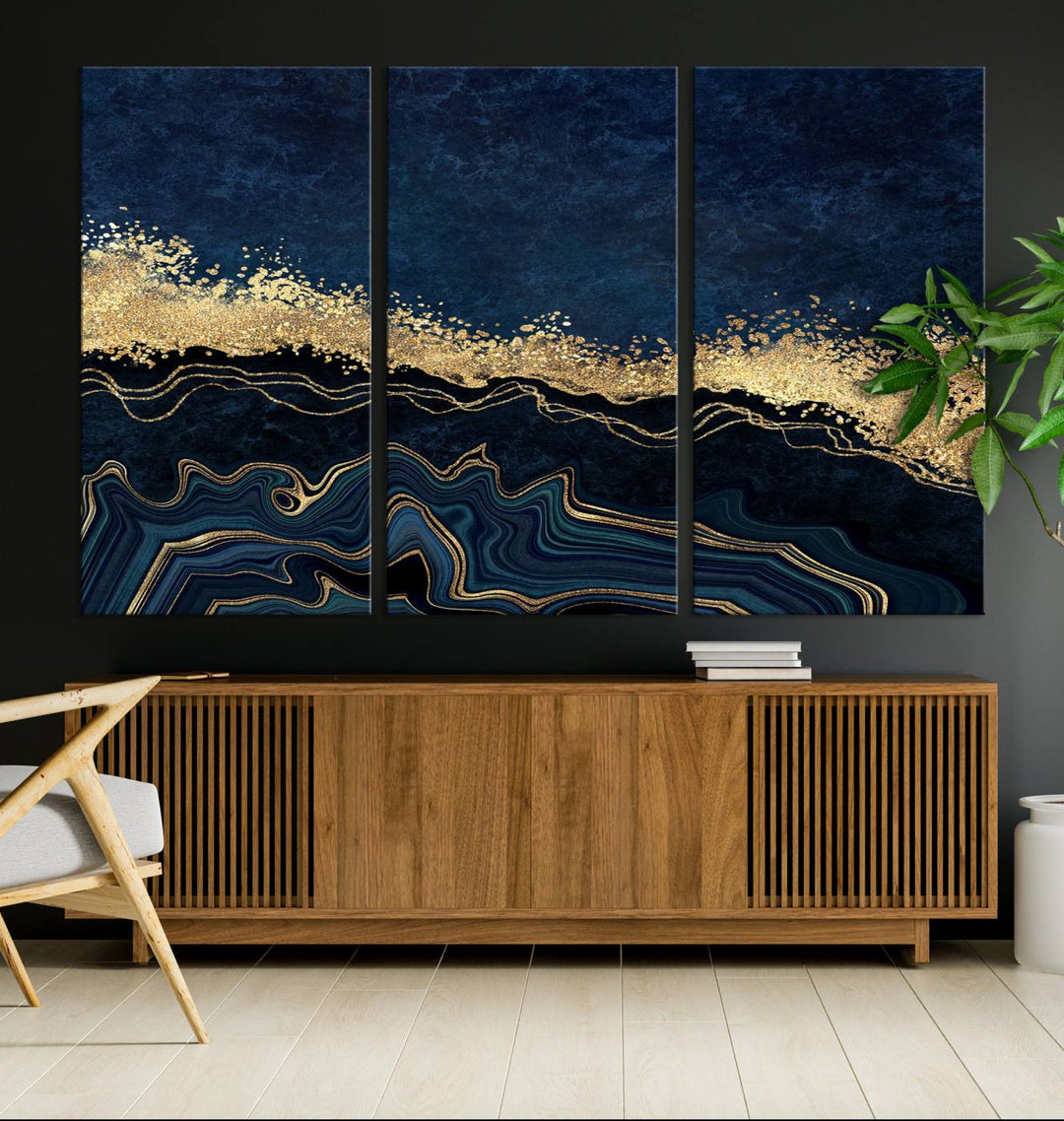 Navy Blue Marble Fluid Effect Large Wall Art Modern Abstract Canvas Wall Art Print