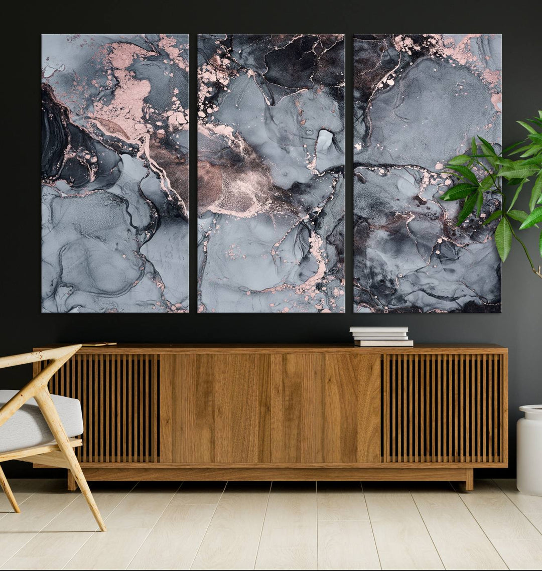 Gray and Rose Gold Marble Fluid Effect Wall Art Abstract Canvas Wall Art Print