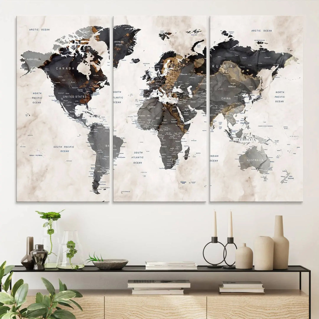 The dining room wall is adorned with the World Map Canvas Print – Earthy Triptych Wall Art, a vintage global map decor featuring dark continents.