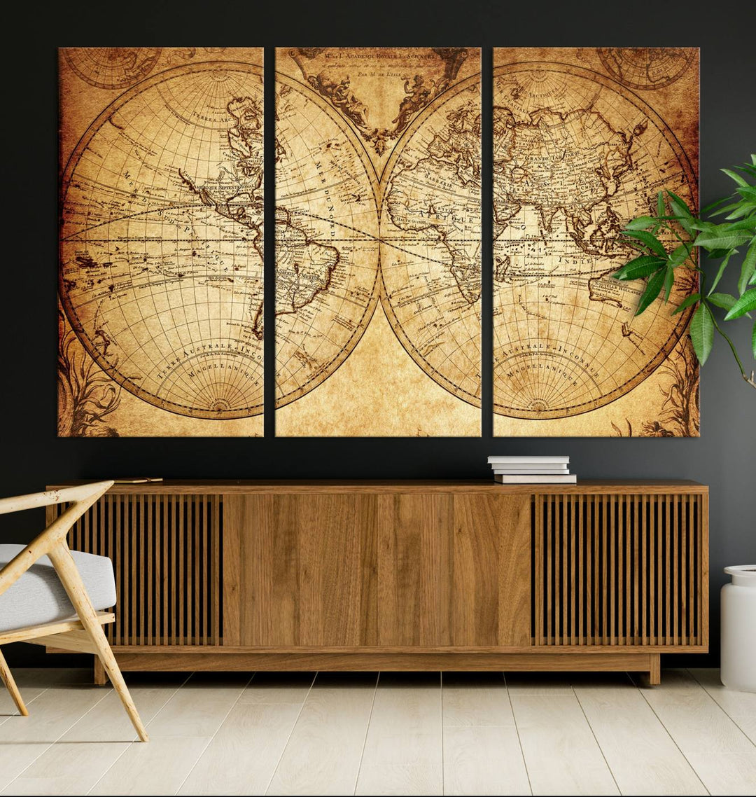 91276 - Industrial detallado Push Pin Travel Map World -3 Panel Set, Push Pin Map World, Mapa de lienzo, Arte de pared grande, Arte industrial, Arte de mapa mundial