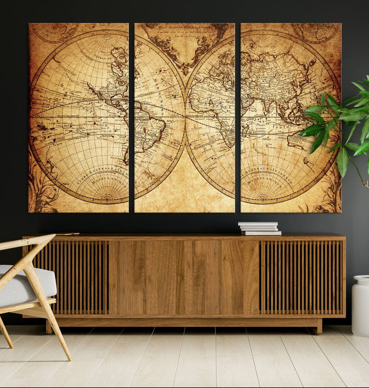 Vintage World Map Wall Art | 3-Panel Canvas Print for Living Room, Office, or Study | Giclee Canvas with Antique Design