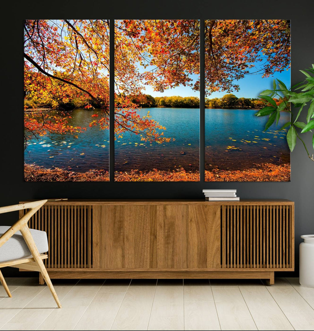 Lienzo decorativo para pared grande con diseño de árbol otoñal y lago otoñal