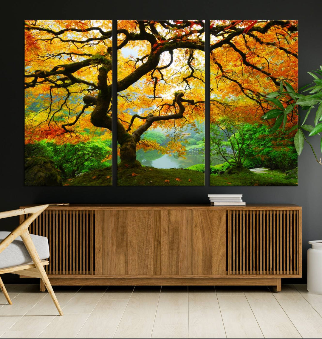 Portland Japanese Maple Tree Canvas Wall Art – Nature Landscape Print – Framed and Ready to Hang for Living Room or Office Decor