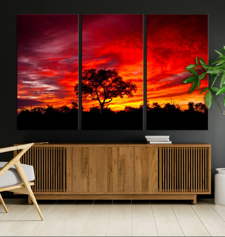 Red Sunset Landscape Artwork Printing, Forest Tree Wall Art Canvas Print