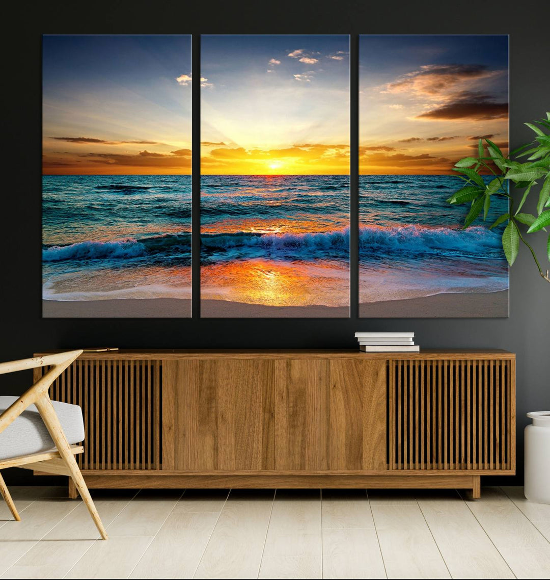 Vibrant Ocean Sunrise Over Golden Beach Waves, Giclee Canvas Wall Art Set, High-Quality Stretched Canvas Print, Ready to Hang Coastal Sunset Wall