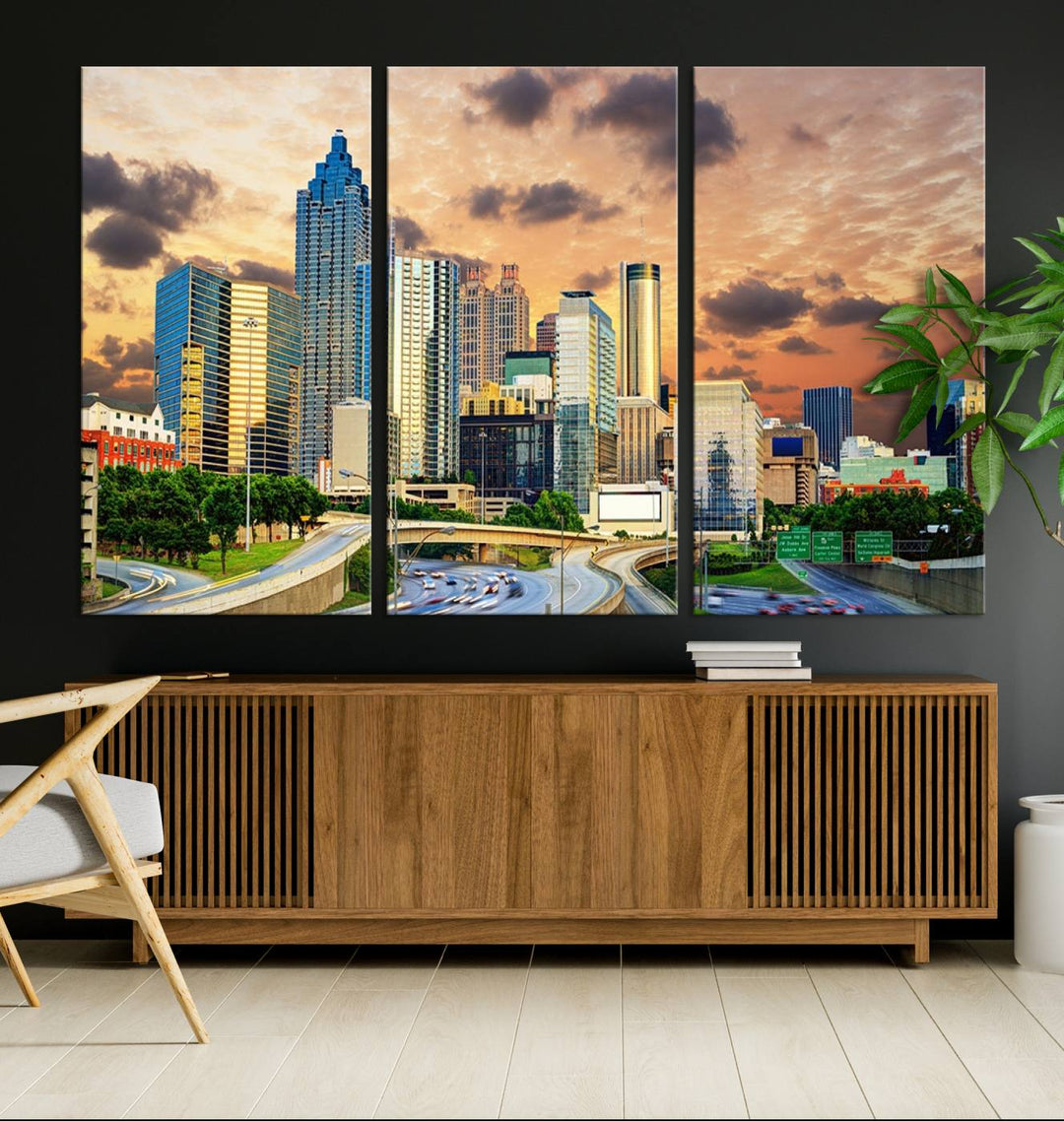 Atlanta City Lights Sunset Skyline Cityscape View Wall Art Canvas Print