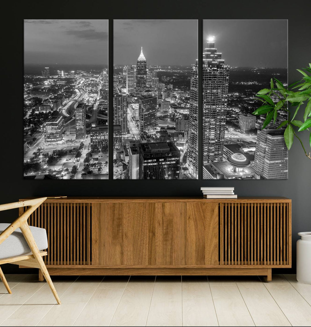 Atlanta City Skyline Art mural noir et blanc Paysage urbain Impression sur toile