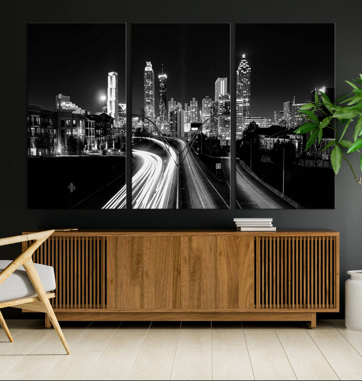 Atlanta Georgia Lights Skyline Black and White Wall Art Cityscape Canvas Print