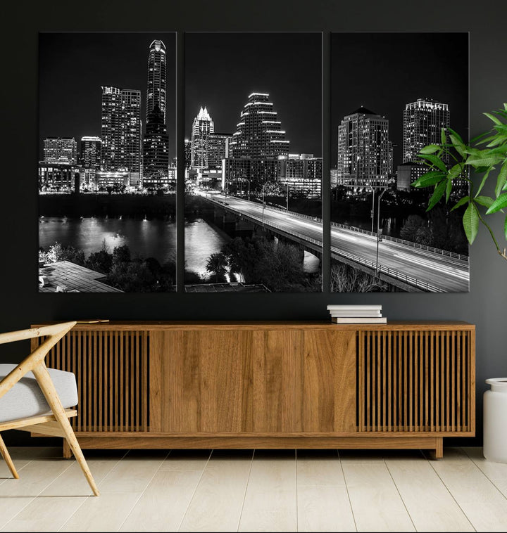 Austin City Lights Skyline Black and White Wall Art Canvas Print