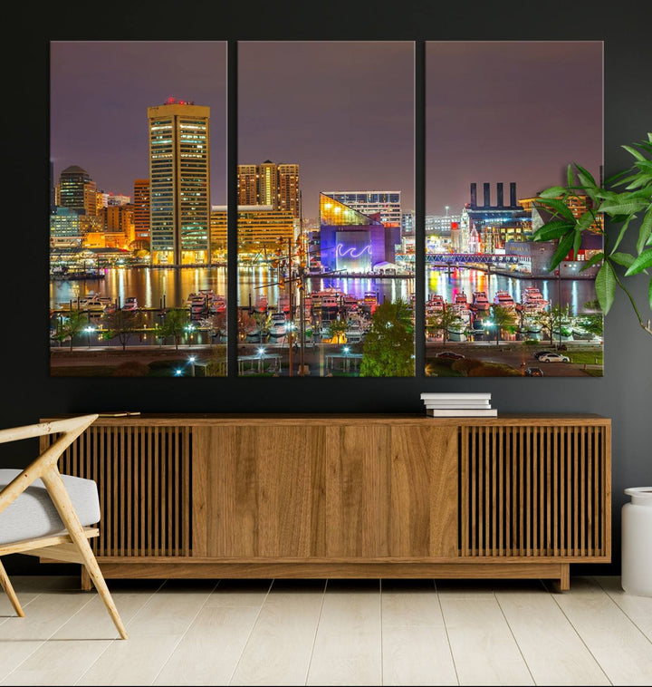 The Baltimore City Lights Night Skyline Cityscape View Wall Art Canvas Print is elegantly displayed on museum-quality canvas.