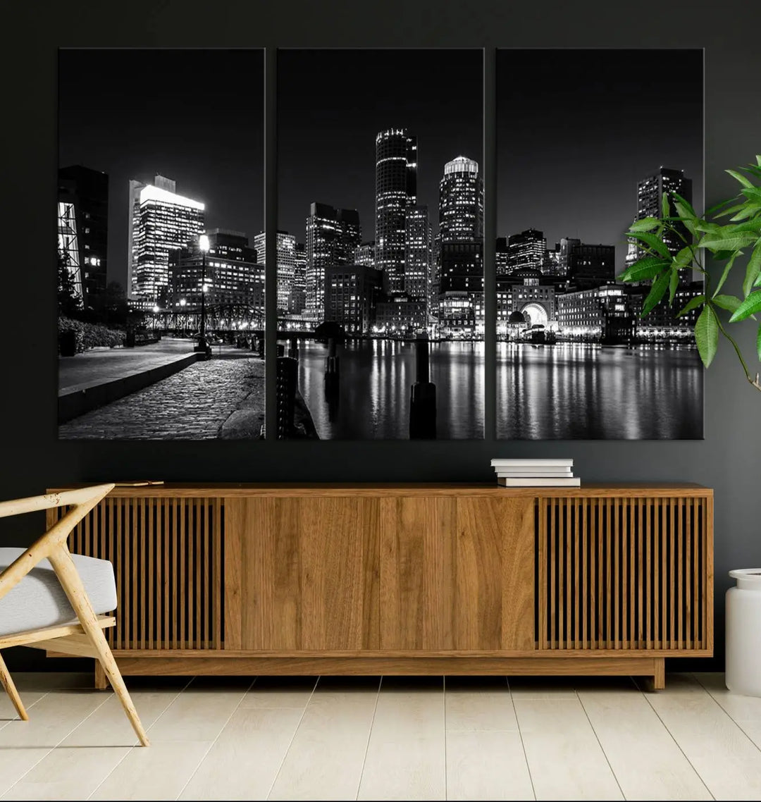 The living room showcases the Boston City Lights Skyline Black and White Wall Art Canvas Print.