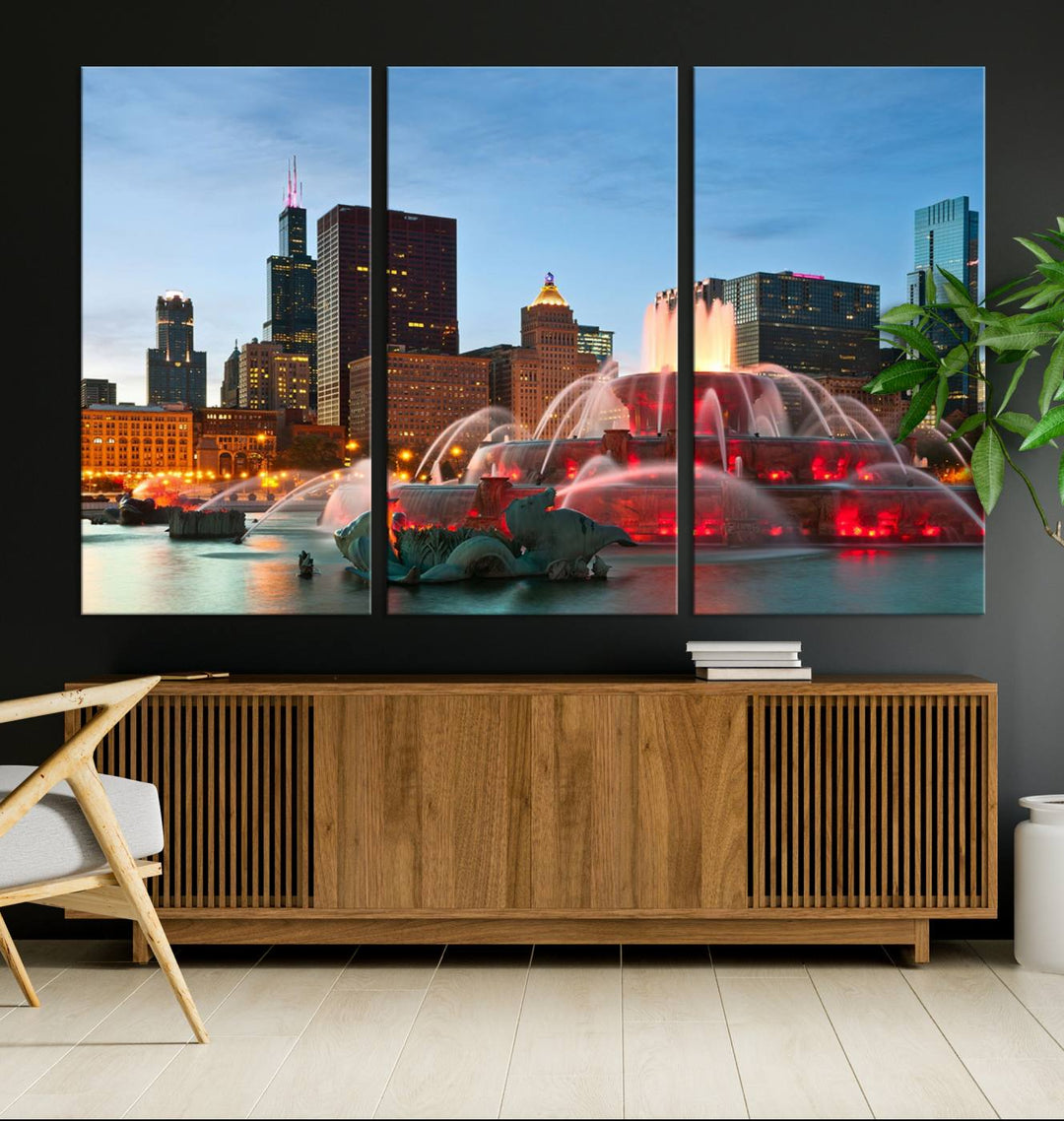 Chicago City Lights Night Skyline Cityscape View Wall Art Canvas Print