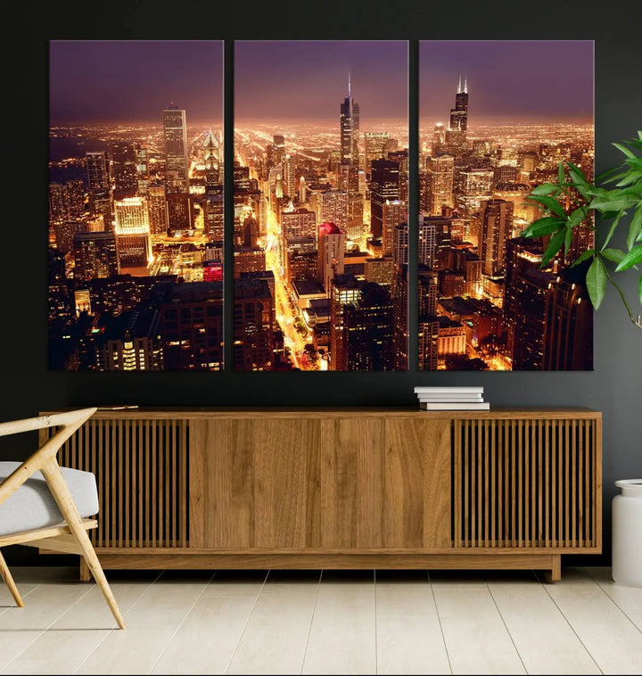 A large artwork showcasing the Chicago Night Skyline cityscape is elegantly displayed on a gallery-wrapped, museum-quality canvas.