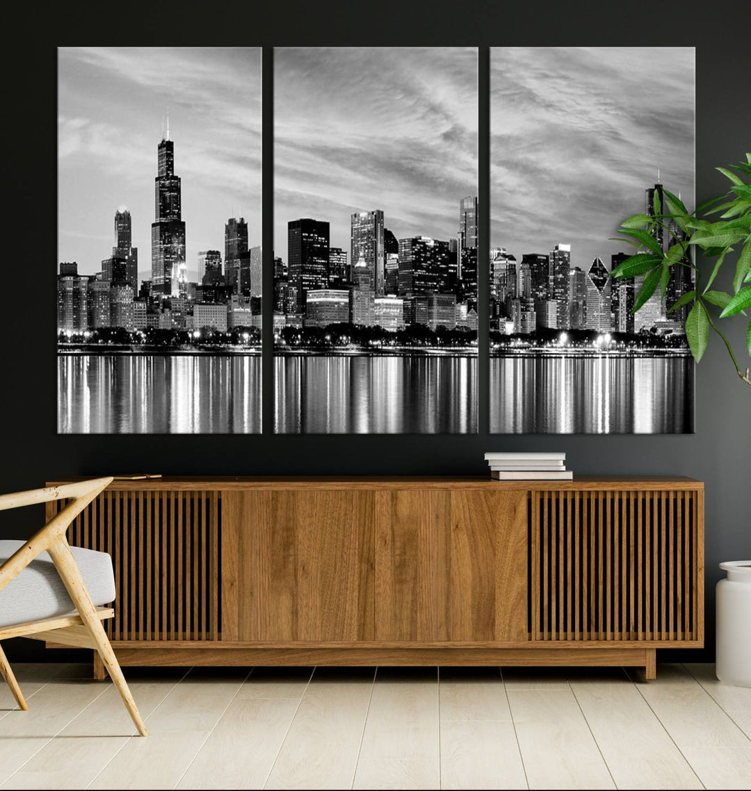 Chicago City Cloudy Skyline Black and White Wall Art Cityscape Canvas Print