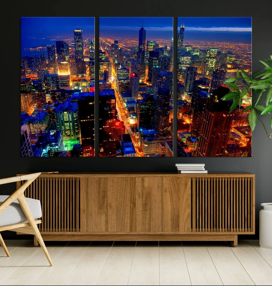 The "Chicago Night Skyline Wall Art" on museum-quality canvas adds long-lasting appeal to the living room.