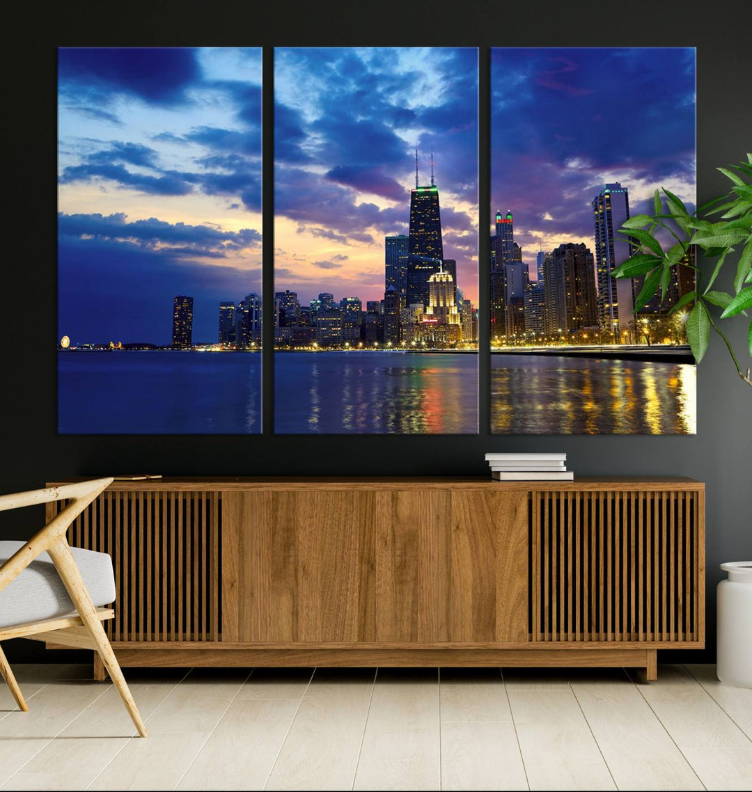 Chicago City Lights Nuit Nuageux Bleu Skyline Cityscape View Wall Art Impression sur toile