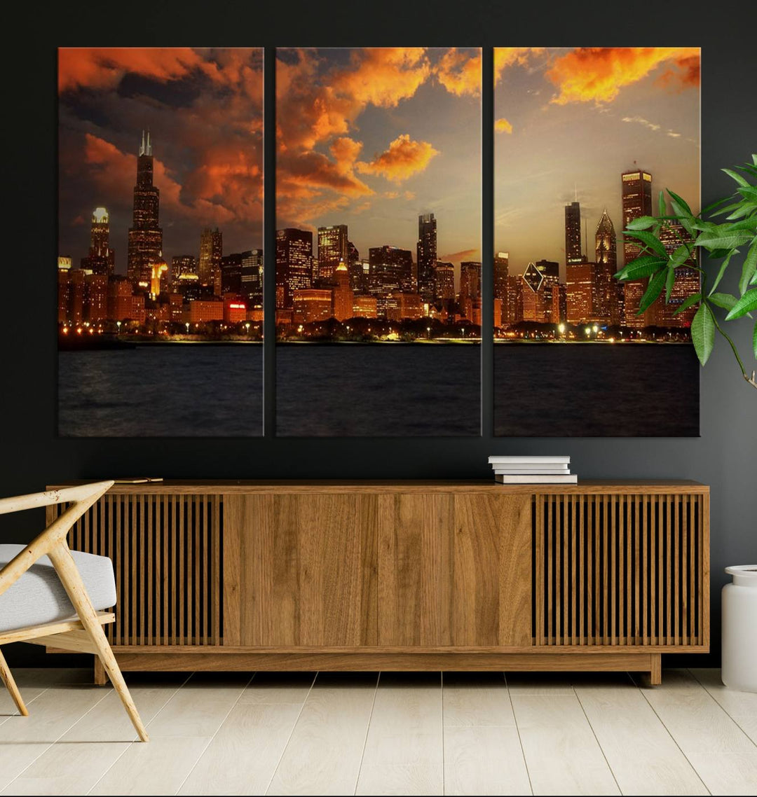 Chicago City Lights Coucher de soleil Orange Nuageux Skyline Paysage urbain Vue Art mural Impression sur toile