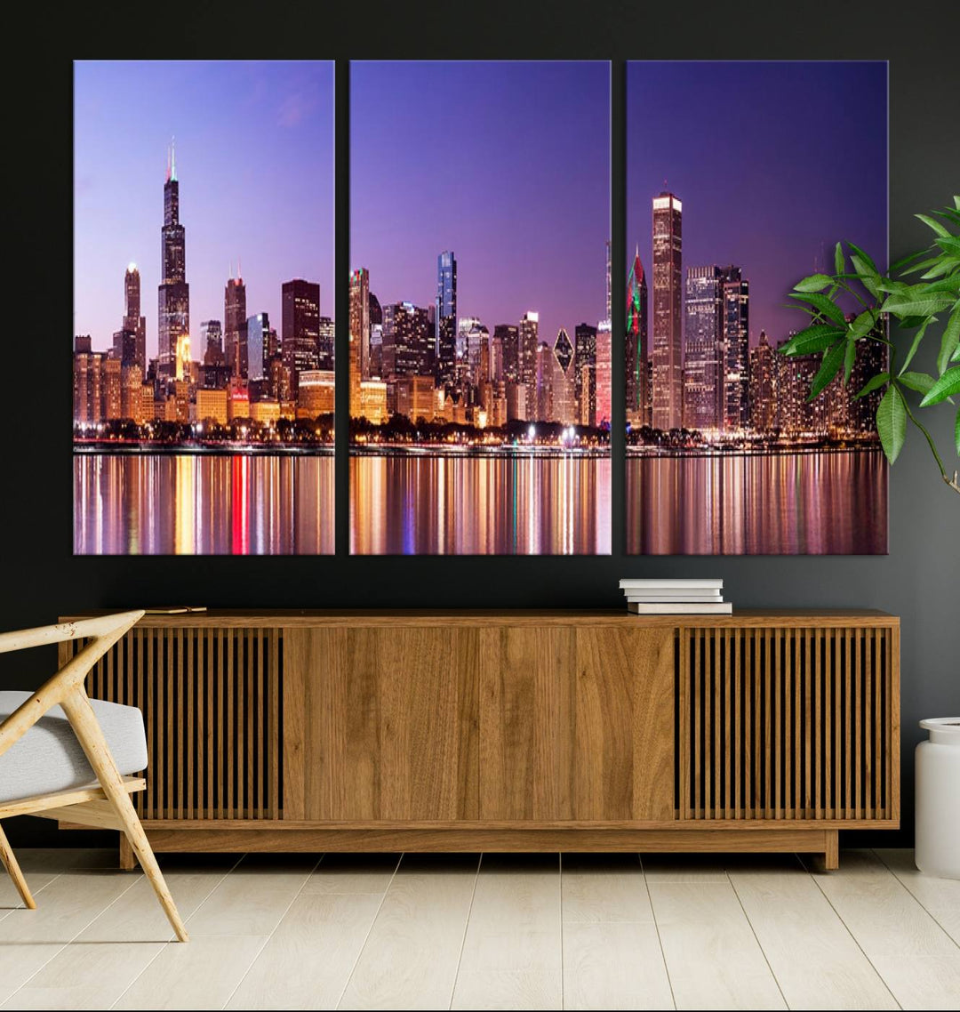 Chicago City Lights Night Purple Skyline Cityscape View Wall Art Canvas Print