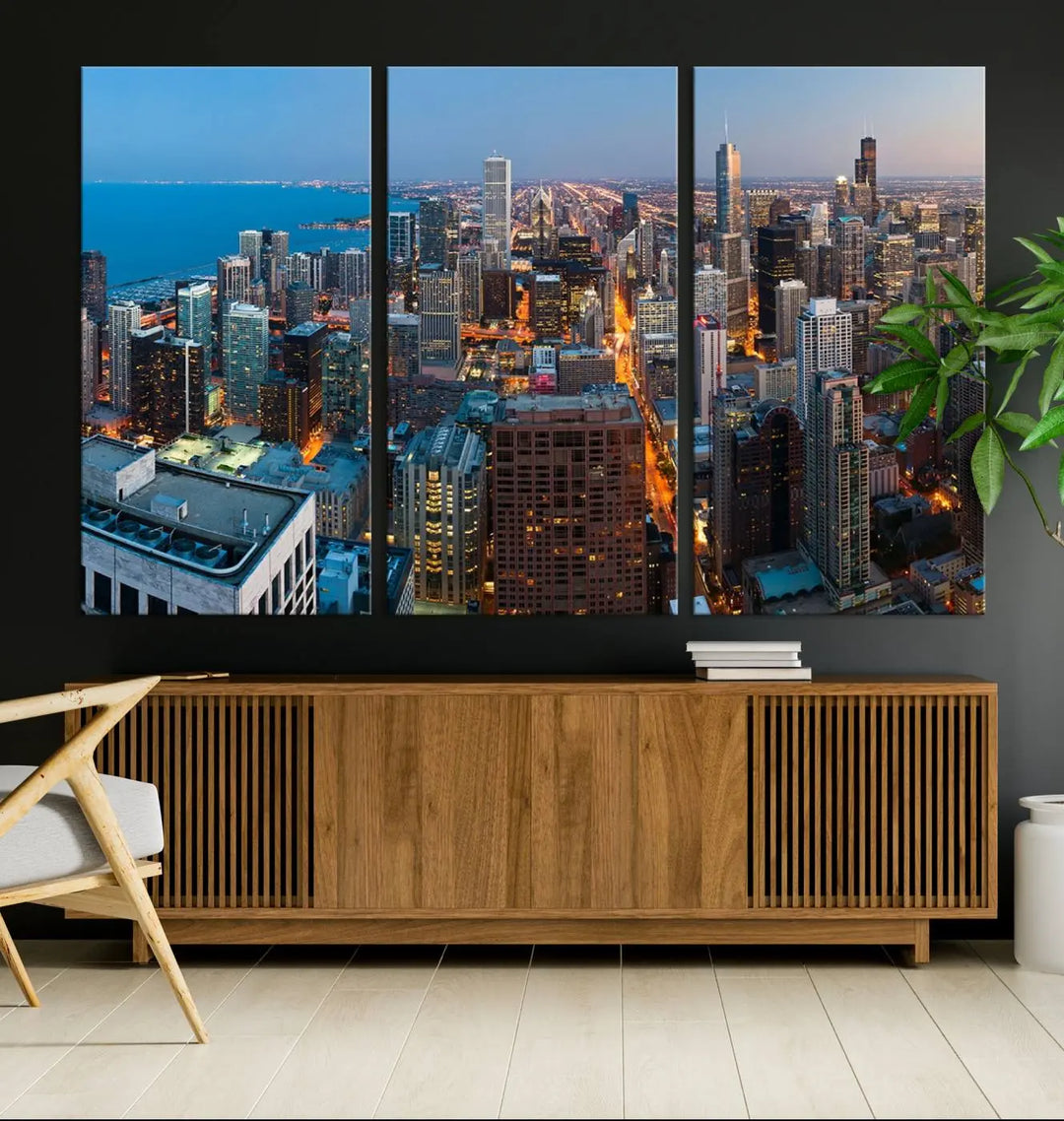 Product Name: Chicago Night Skyline Wall Art City Cityscape

Artwork Description: This artwork is a triptych depicting the Chicago city skyline at night. Created on museum-quality canvas with a UV-protective coating, it comes ready to hang and seamlessly enhances any space.