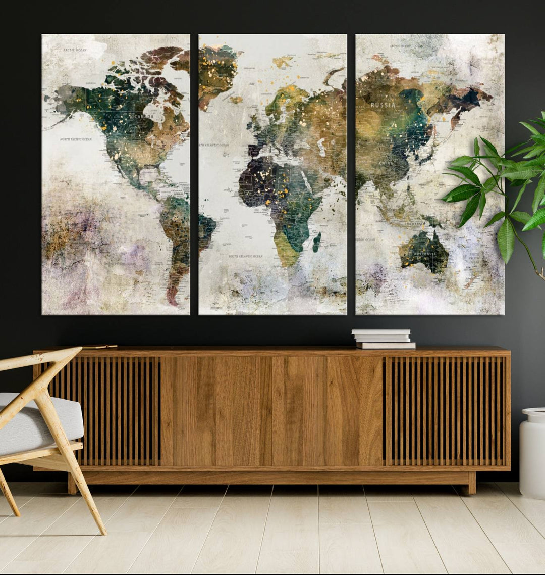 Impresión de arte de pared de mapa del mundo grande - Mapa en lienzo Galería Juego de pared de 3 paneles Regalo para mapa de viajero