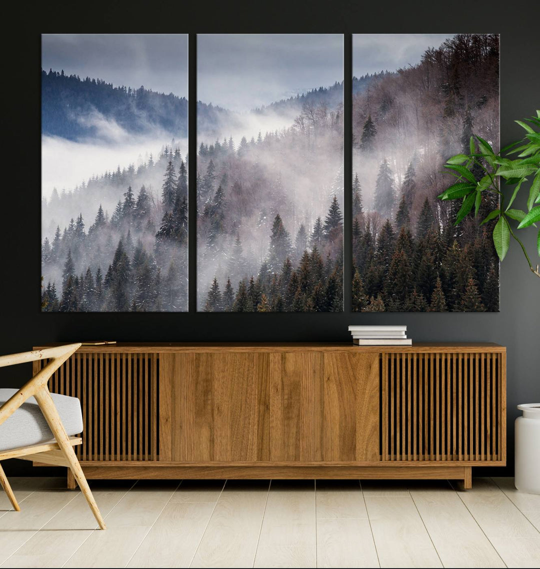 The "Beautiful Rising Fog in Winter Mountain Landscape" wall art is presented on museum-quality canvas, adding a striking visual element to the living room.