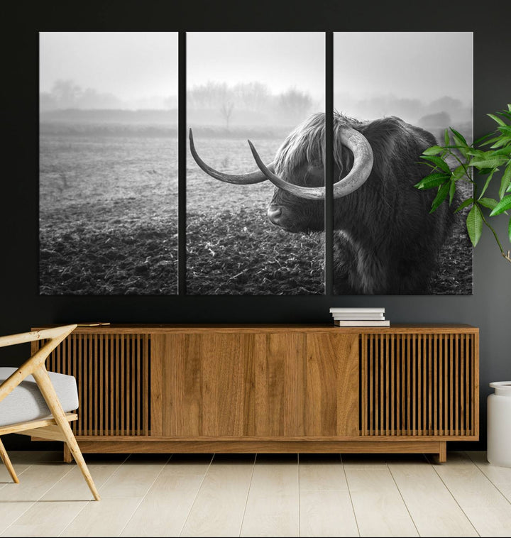 The living room features a three-panel wall art of a highland cow in a foggy field, using the Cow Wall Art Canvas Print for visual impact. This museum-quality canvas includes UV-protective coating to ensure longevity.